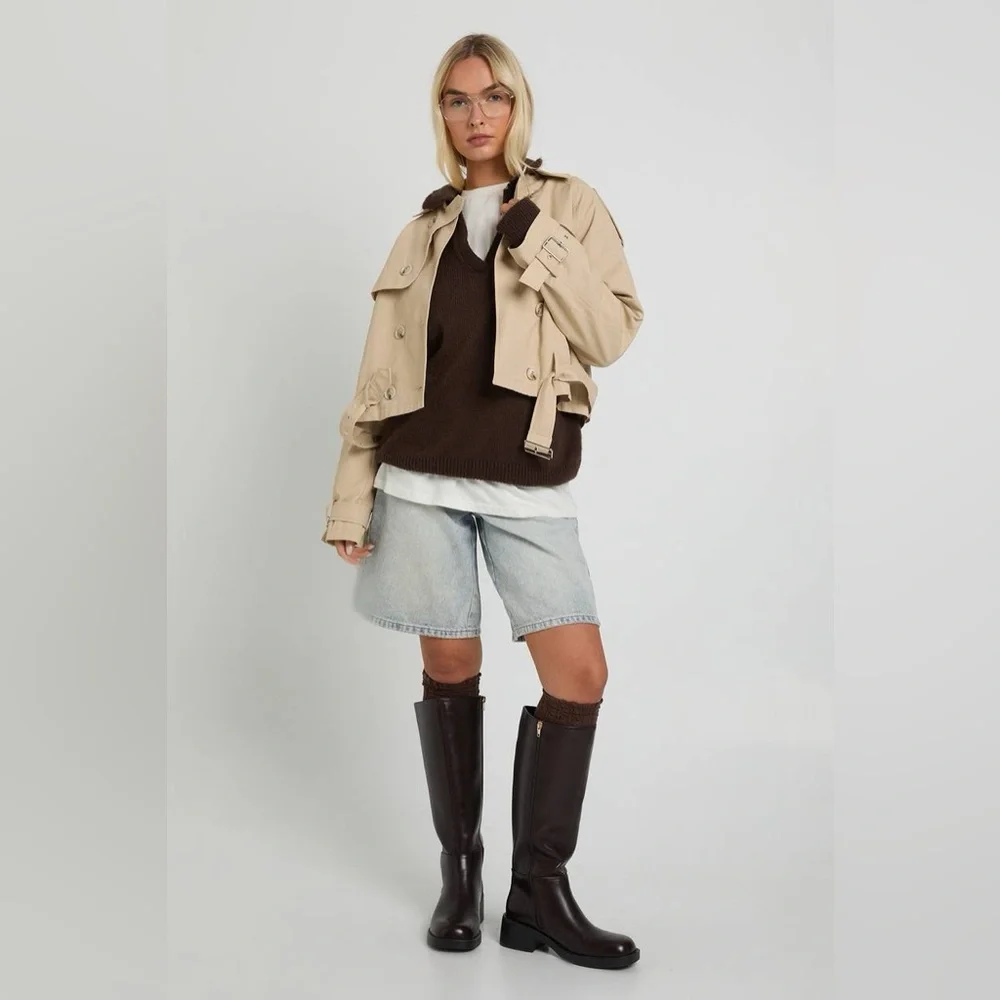 Boohoo Cropped Trench Jacket Beige Belted Short Trench Coat | NWT Size 4 - Picture 4 of 15